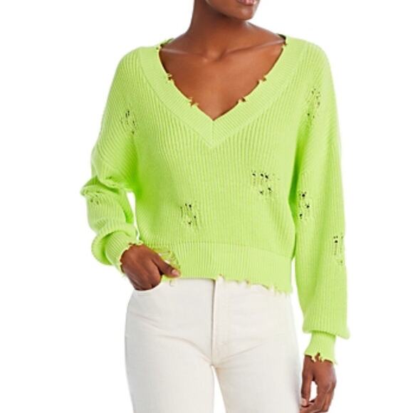 NWT SER.O.YA Syd Sweater Women Size Medium Neon Green Distressed Grunge V-neck‎ - Picture 2 of 12